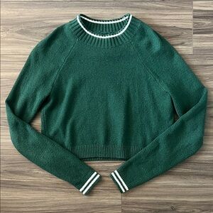Hollister Dark Green Cropped Knit Crewneck with White Stripe Trim